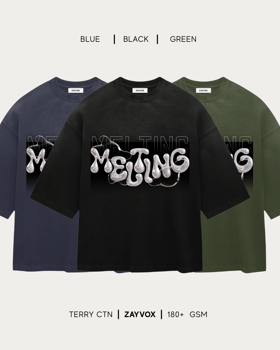 Melting Graphic Tee – Black, Blue, Olive | Zayvox Pakistan